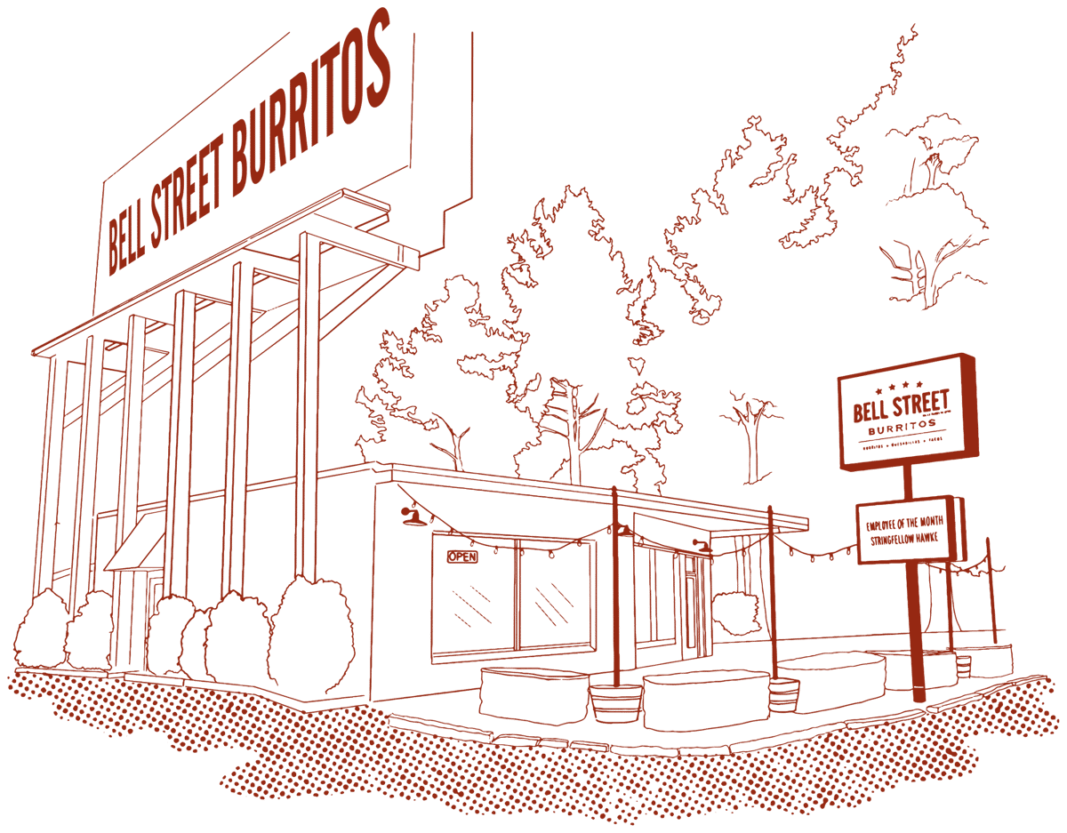 Illustrated drawing of the Midtown Bell Street Burrito location