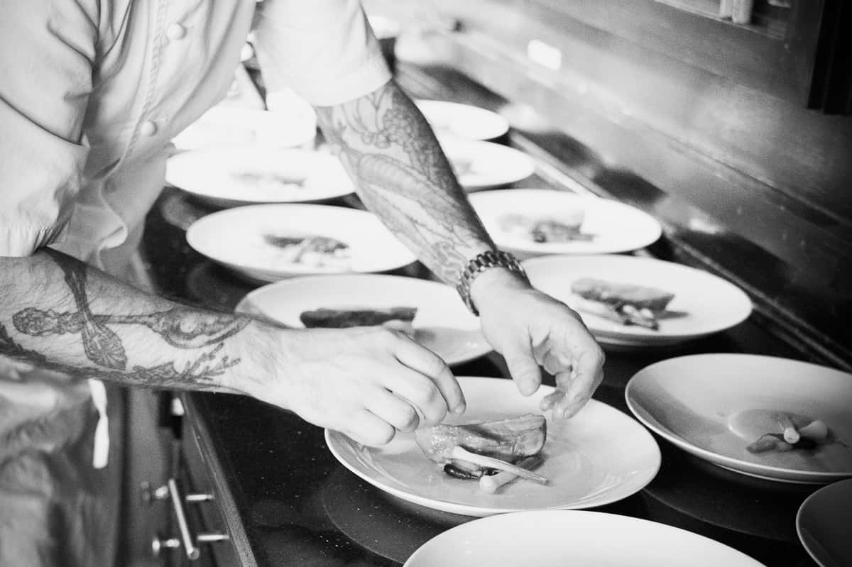 Plating the Heitz Cellar wine dinner in the 360 Bistro kitchen