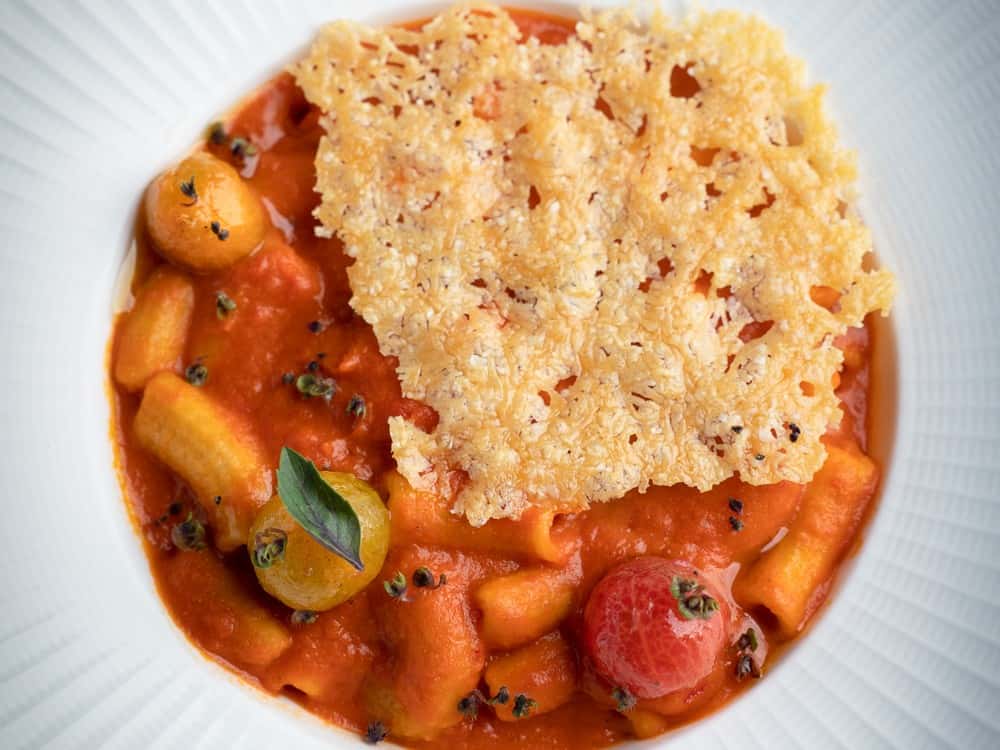 Conchiglie alla Vodka with a crisp Parmesan tulle at 360 Bistro