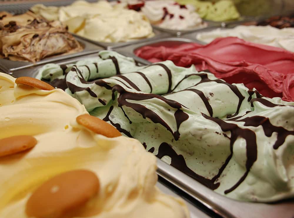 various flavors of gelato in display case