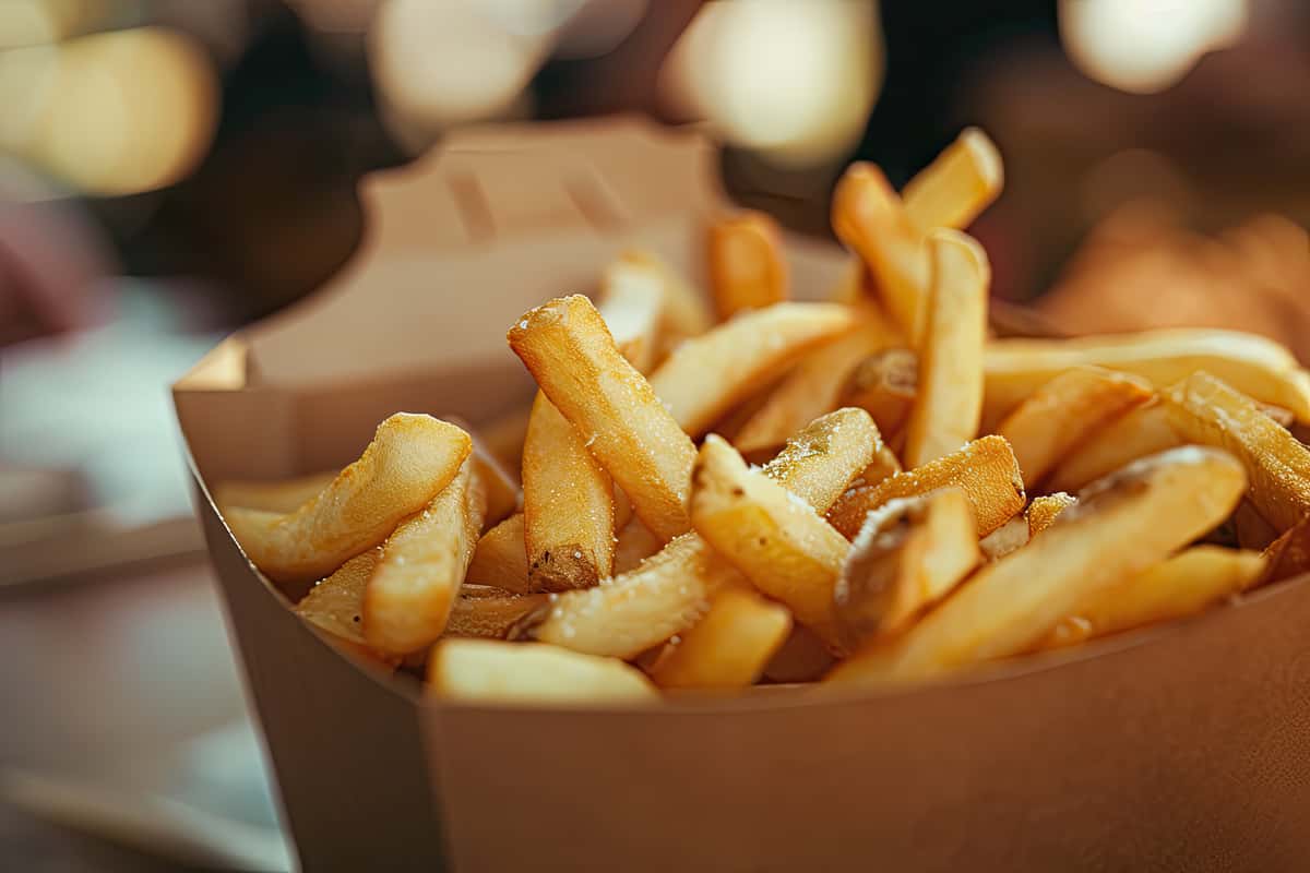 Container of French fries on a table with a blurred background