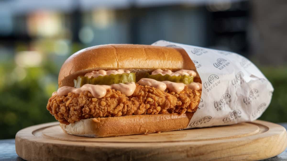 Crispy chicken sandwich on a bun with lettuce and sauce, wrapped paper in the background