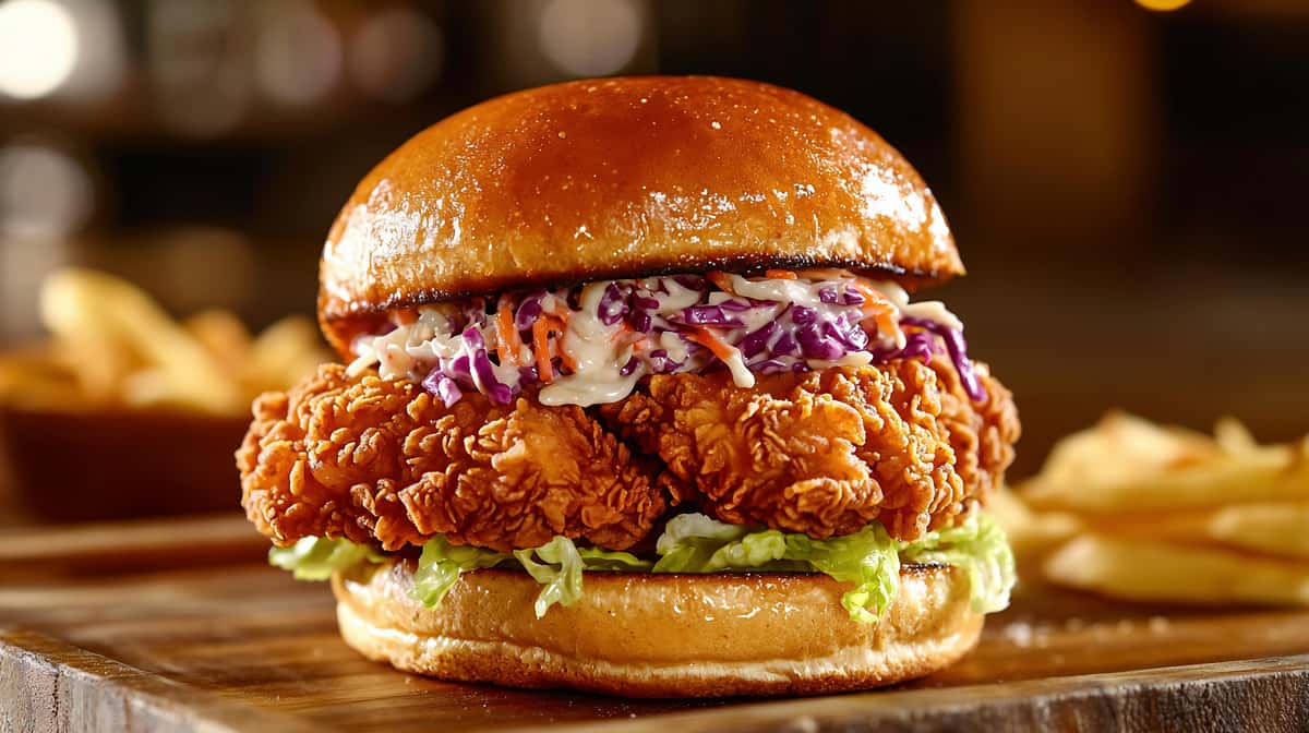 Crispy fried chicken sandwich on a bun with lettuce and coleslaw, with fries blurred in the background