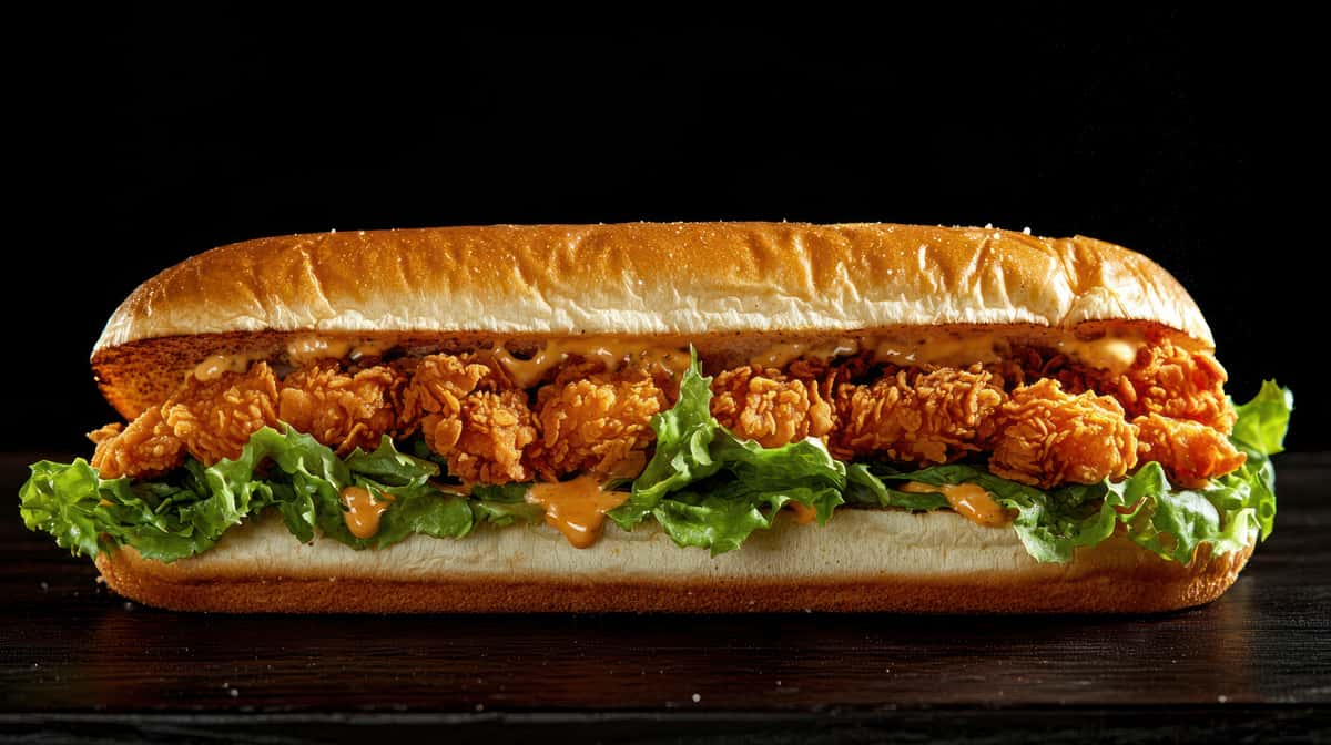 Long fried chicken sub sandwich with lettuce on a bun against a dark background