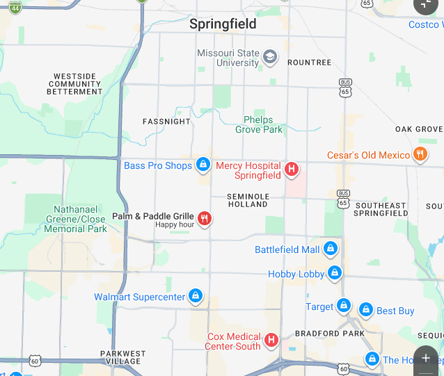 Map showing Palm & Paddle Grille near Bass Pro Shops and Wonders of Wildlife, Springfield MO