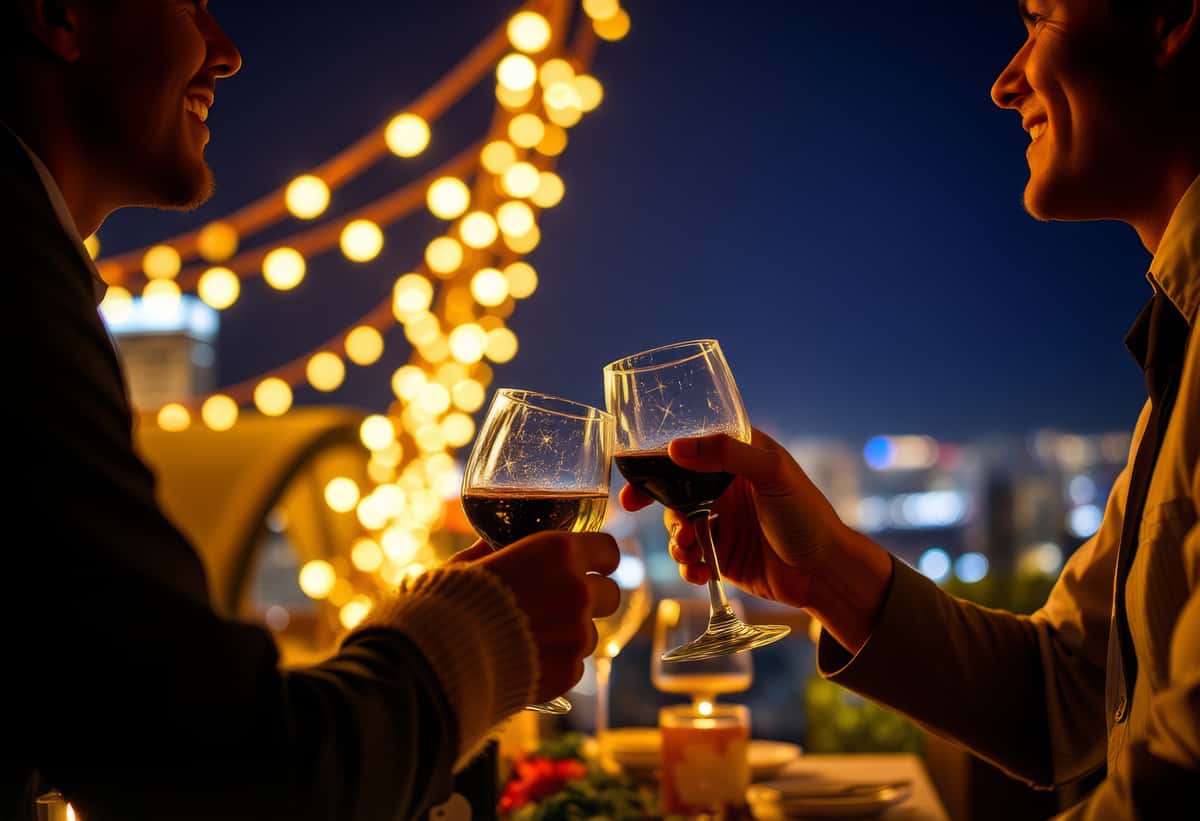 Couple cheers under string lights