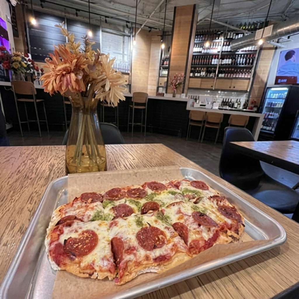 Pizza on a tray on a wooden restaurant table