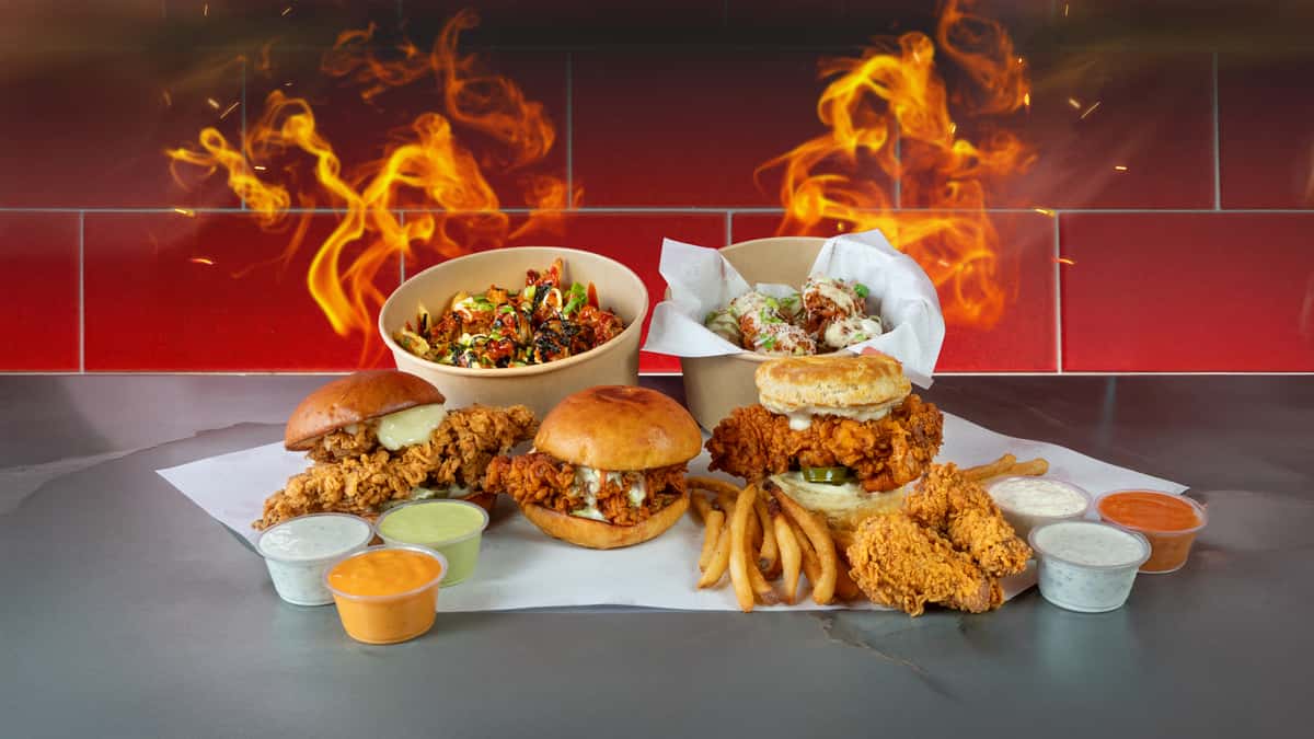 Hot Chicken Sandwiches, Fiery Wings, and spicy Hot Chicken Bowl.