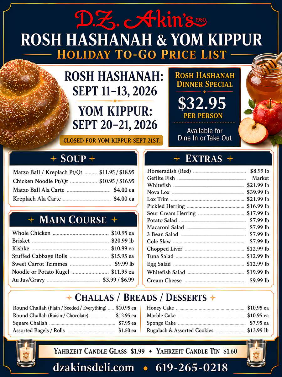 Rosh Hashanah Yom Kippur Price List