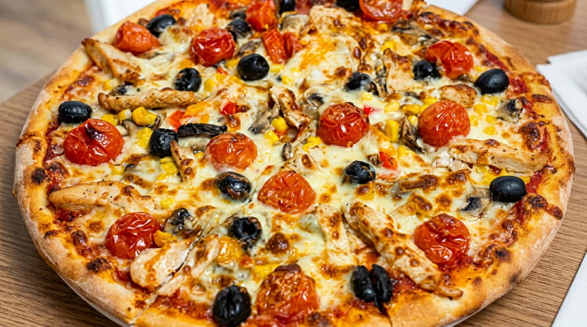 Supreme pizza topped with pepperoni, olives, peppers and melted cheese from Ciao Bella in Westhill