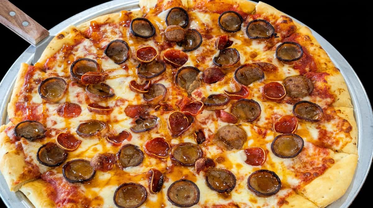 Freshly baked meat lover's pizza topped with crispy cupped pepperoni, Italian sausage, melted mozzarella, rich tomato sauce, and a golden hand-tossed crust.