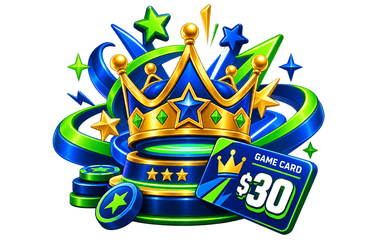 $30 arcade game card promotion with a gold gaming crown, stars, and vibrant blue and green graphics