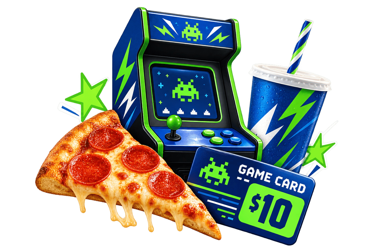 Arcade gaming promotion with pepperoni pizza, soft drink, retro arcade machine, and $10 game card