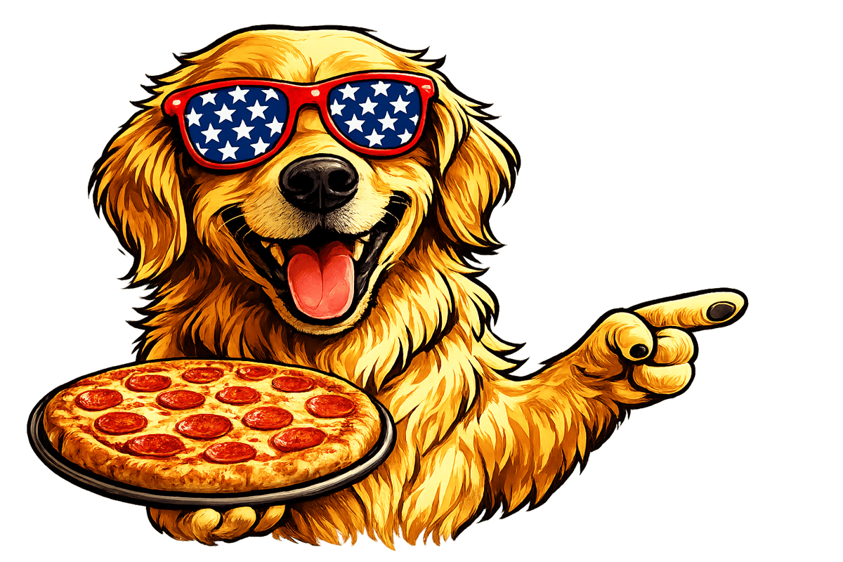 Illustration of a smiling golden retriever wearing patriotic American flag sunglasses, holding a pepperoni pizza, and pointing playfully as a fun mascot for Tobie's Pizzeria.