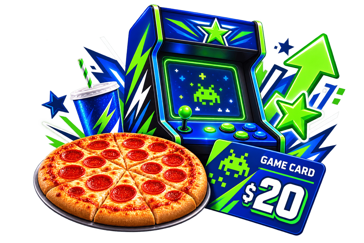 Arcade gaming promotion with pepperoni pizza, soft drink, retro arcade machine, and $20 game card