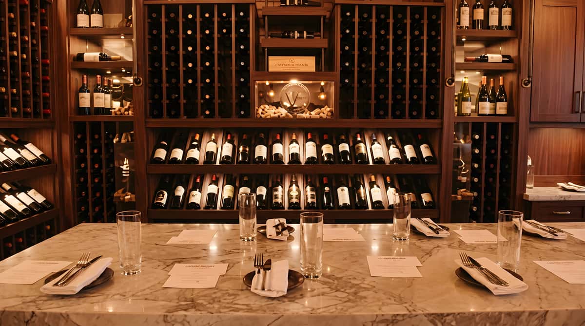 Wine cellar interior with multiple racks of wine bottles above a marble bar counter set with glasses and balloons.