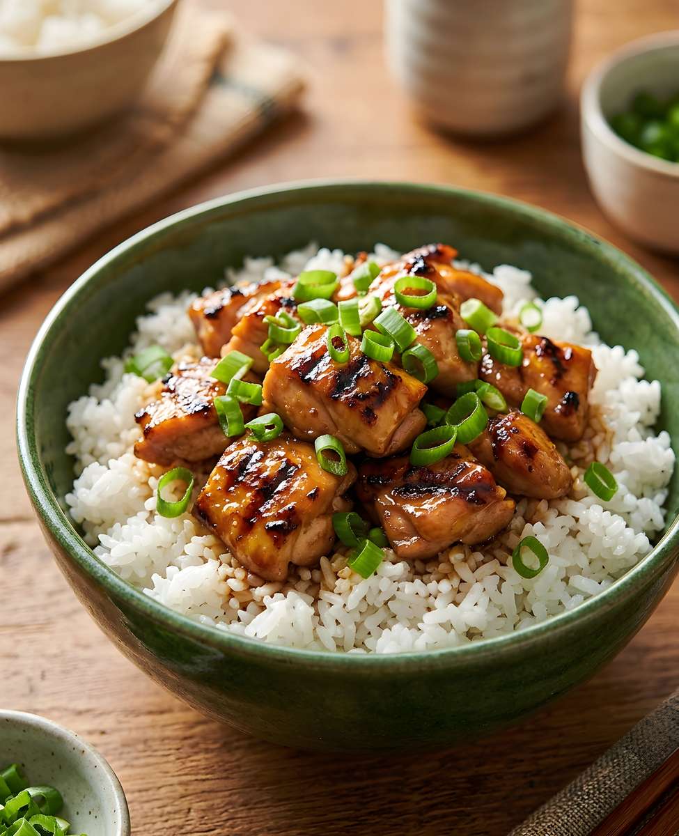 Grilled teriyaki chicken rice bowl topped with fresh green onions and savory glaze