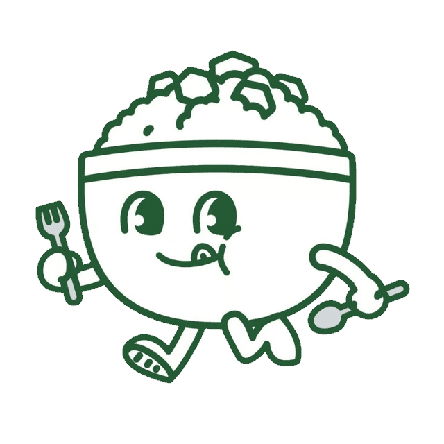 Playful green line-art mascot of a smiling rice bowl holding a fork and spoon