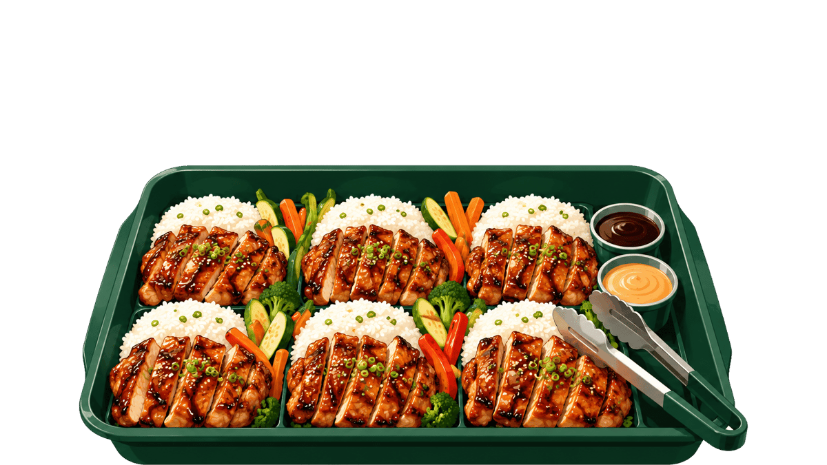 Illustration of teriyaki grilled chicken and rice catering trays with fresh vegetables, dipping sauces, and serving tongs