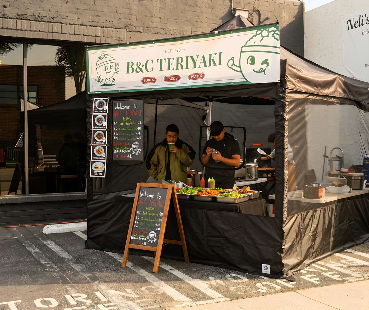 B&C Teriyaki food stand serving teriyaki bowls, tacos, and Asian-inspired dishes at an outdoor event