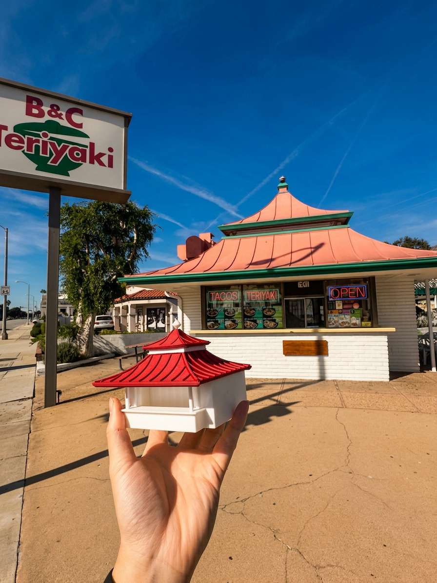 B&C Teriyaki restaurant exterior with signature red Asian-inspired roof, roadside sign, and miniature building model
