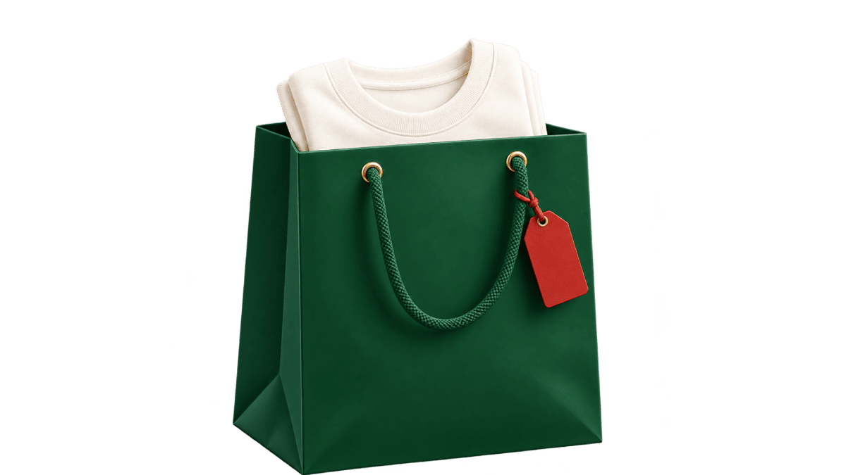 Green shopping bag with folded white T-shirt and red gift tag