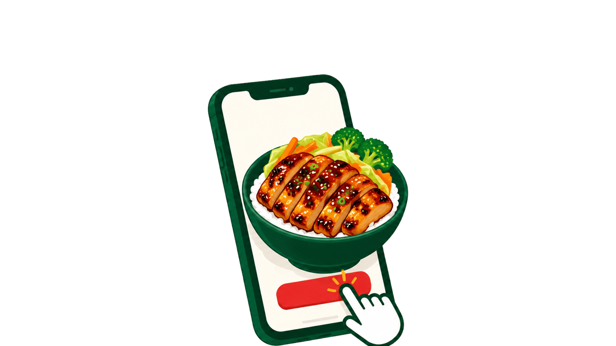 Illustration of online food ordering with a teriyaki chicken rice bowl, fresh vegetables, and smartphone checkout button