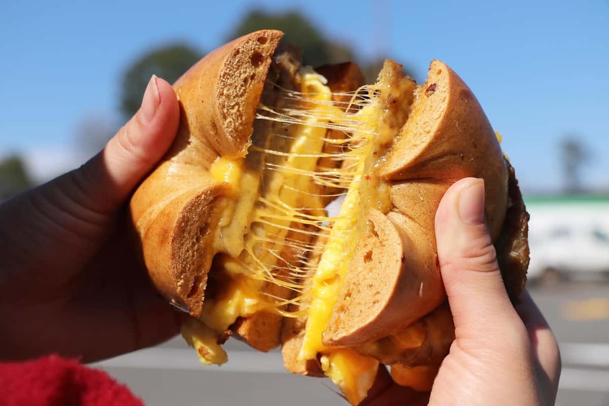 bagel with stretchy cheese