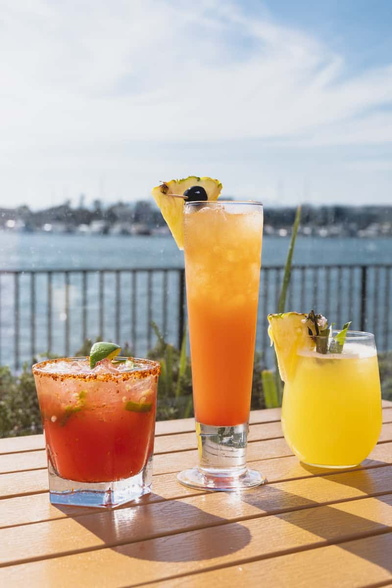 Three colorful cocktails