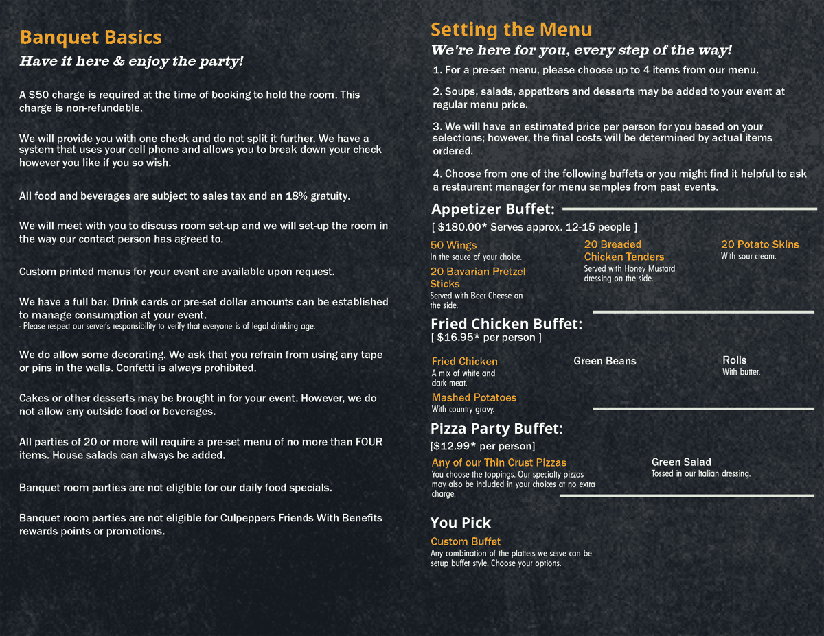 Banquest and Party Menu information flyer