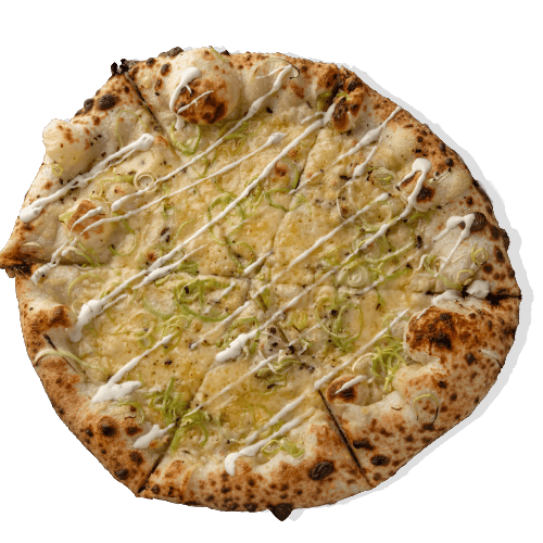 Leek sourdough pizza with gouda, garlic confit, leek, chive creme fraiche and Hatch green chile flake