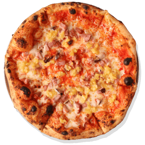 Hawaiian sourdough pizza with tomato sauce, mozzarella, fresh diced ham and house-made pineapple chutney