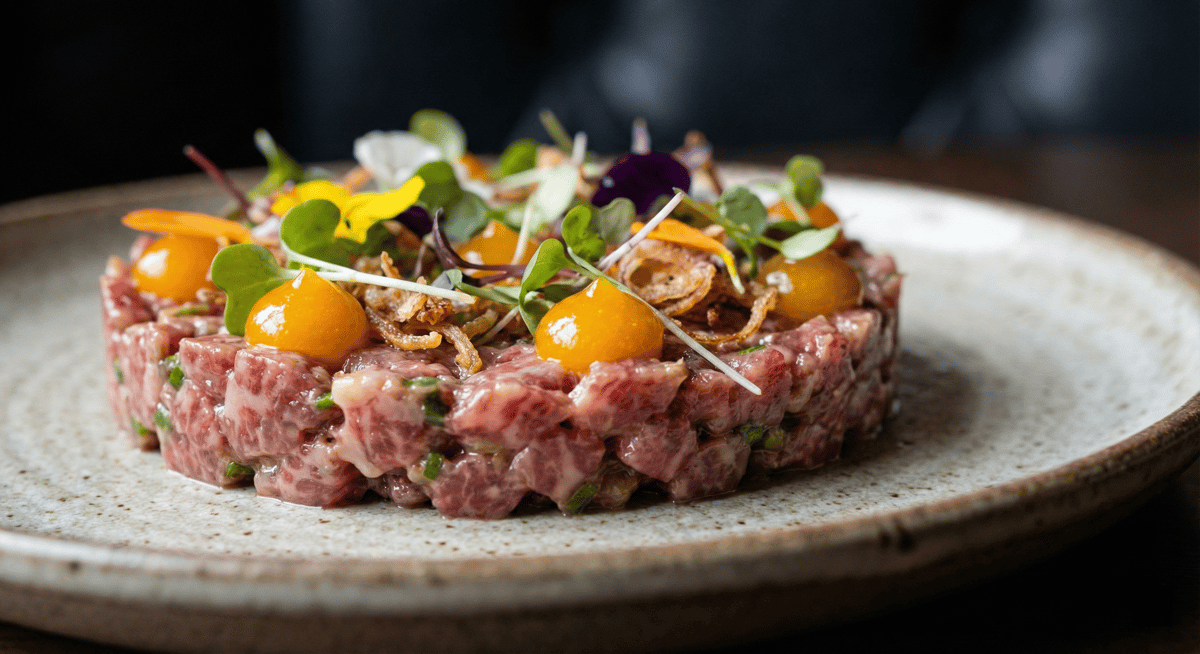 Close-up of Wagyu beef tartare with kumquat gel at Stubborn Seed during the holiday season