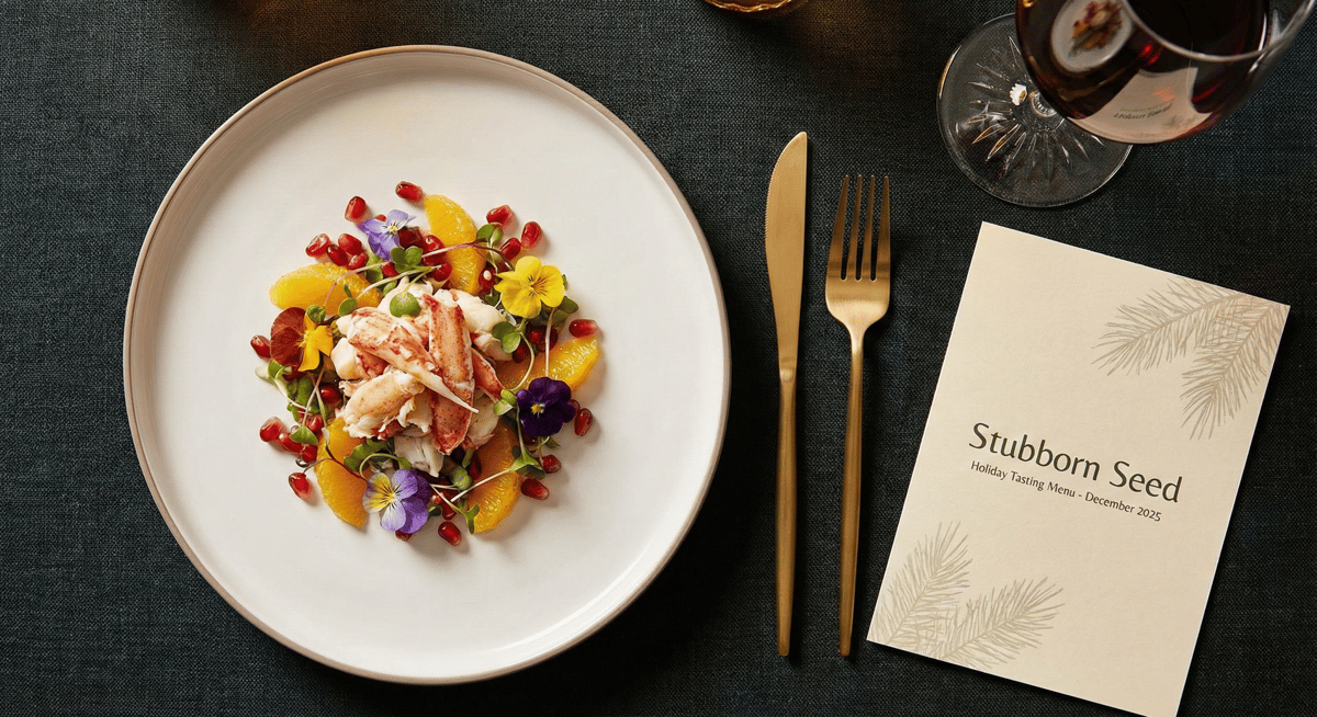 Plated holiday tasting dish with stone crab and festive accents at Stubborn Seed