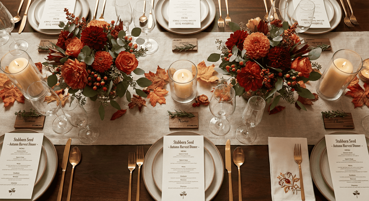 Customized seasonal table setup at Stubborn Seed with floral décor, candlelight, and bespoke menu cards.