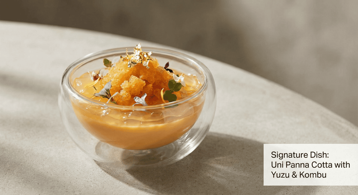 Close-up of uni panna cotta with yuzu gelée and orange kombu granita, Stubborn Seed's signature dish.