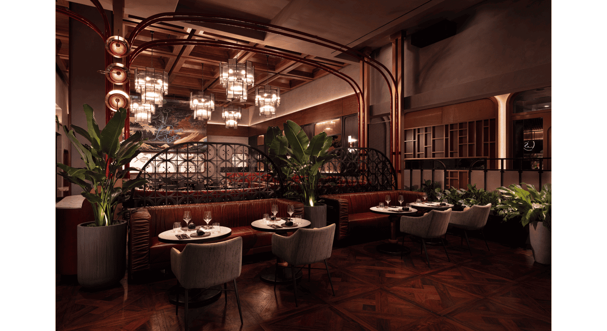Luxury restaurant dining room with leather booths, warm lighting, and elegant modern interior design in a Las Vegas fine dining venue.