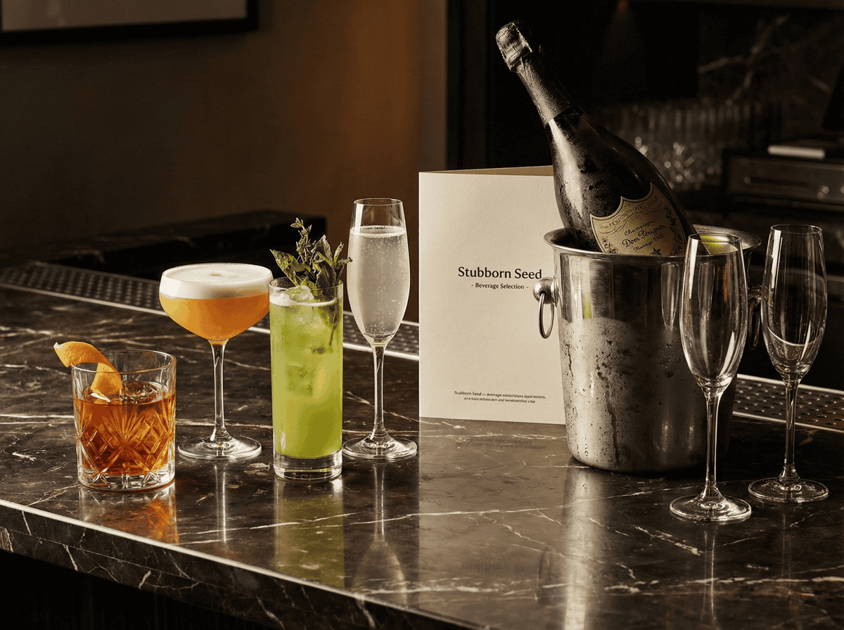 Signature cocktails and champagne selection at Stubborn Seed for New Year's Eve.
