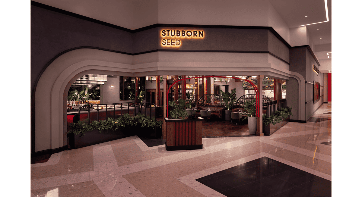 Stubborn Seed restaurant entrance with illuminated sign and modern upscale dining interior