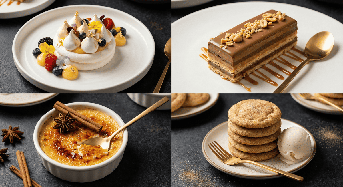 Four signature desserts from Stubborn Seed in Las Vegas, each uniquely styled with modern plating.
