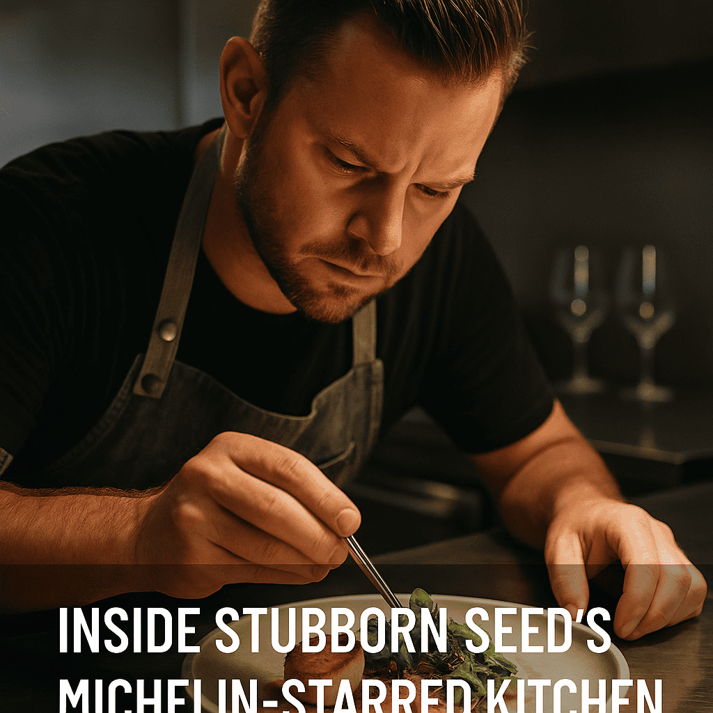 Chef Jeremy Ford plating a seasonal tasting menu dish at Stubborn Seed in Miami Beach
