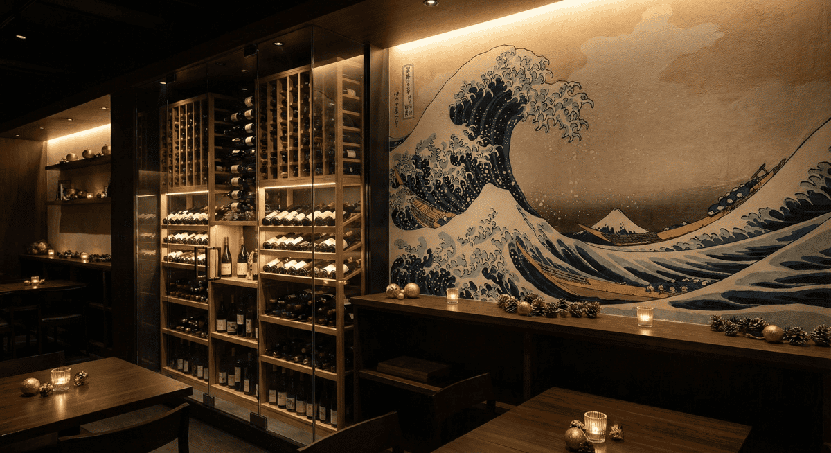 Artistic mural and wine collection inside Stubborn Seed's romantic dining room during the holidays.