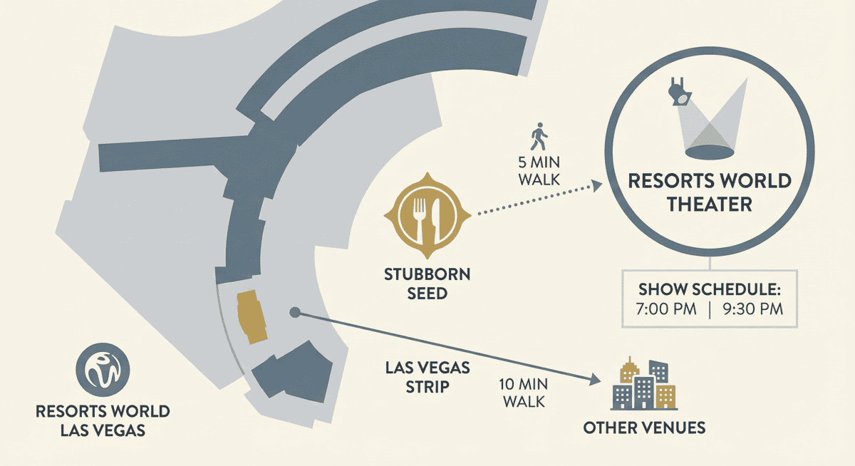 Map of Stubborn Seed's location inside Resorts World near major Las Vegas show venues.