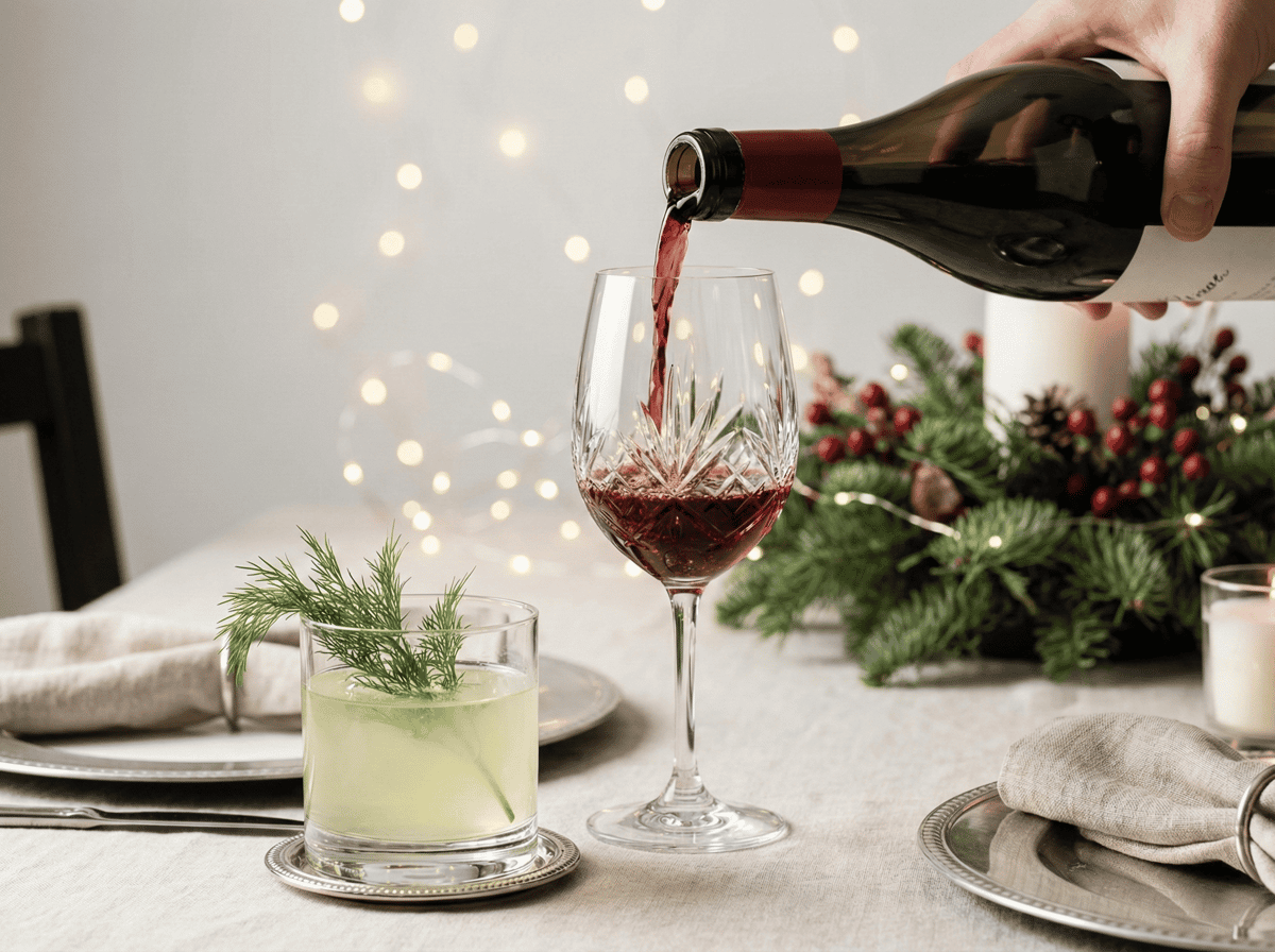 Sommelier pouring wine and festive cocktail served during milestone dinner at Stubborn Seed.