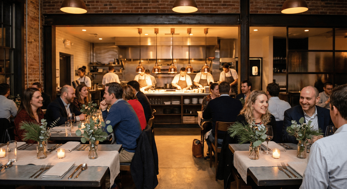 Stubborn Seed interior featuring open kitchen and festive holiday ambiance with seasonal decor