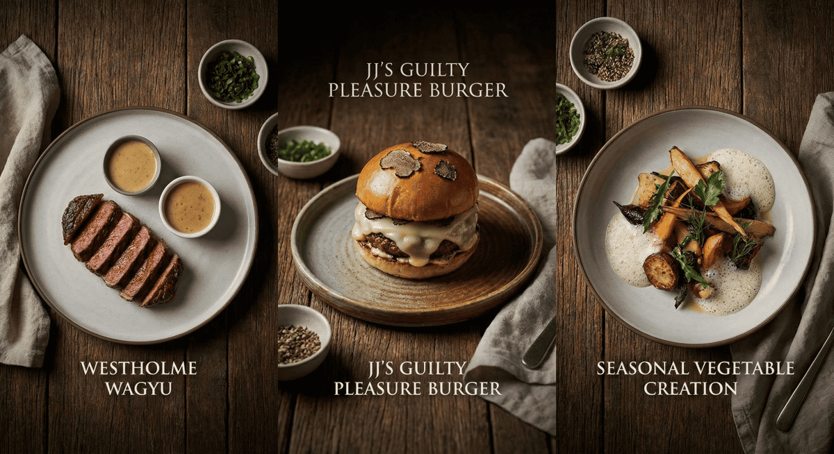 Westholme Wagyu, JJ's Guilty Pleasure Burger, and pan-roasted barramundi from Stubborn Seed's seasonal tasting menu.