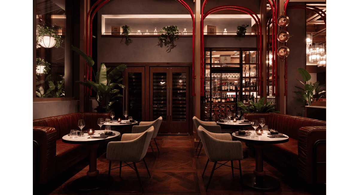 Upscale fine dining restaurant interior with wine cellar display, red arch accents, leather booths, and candlelit tables