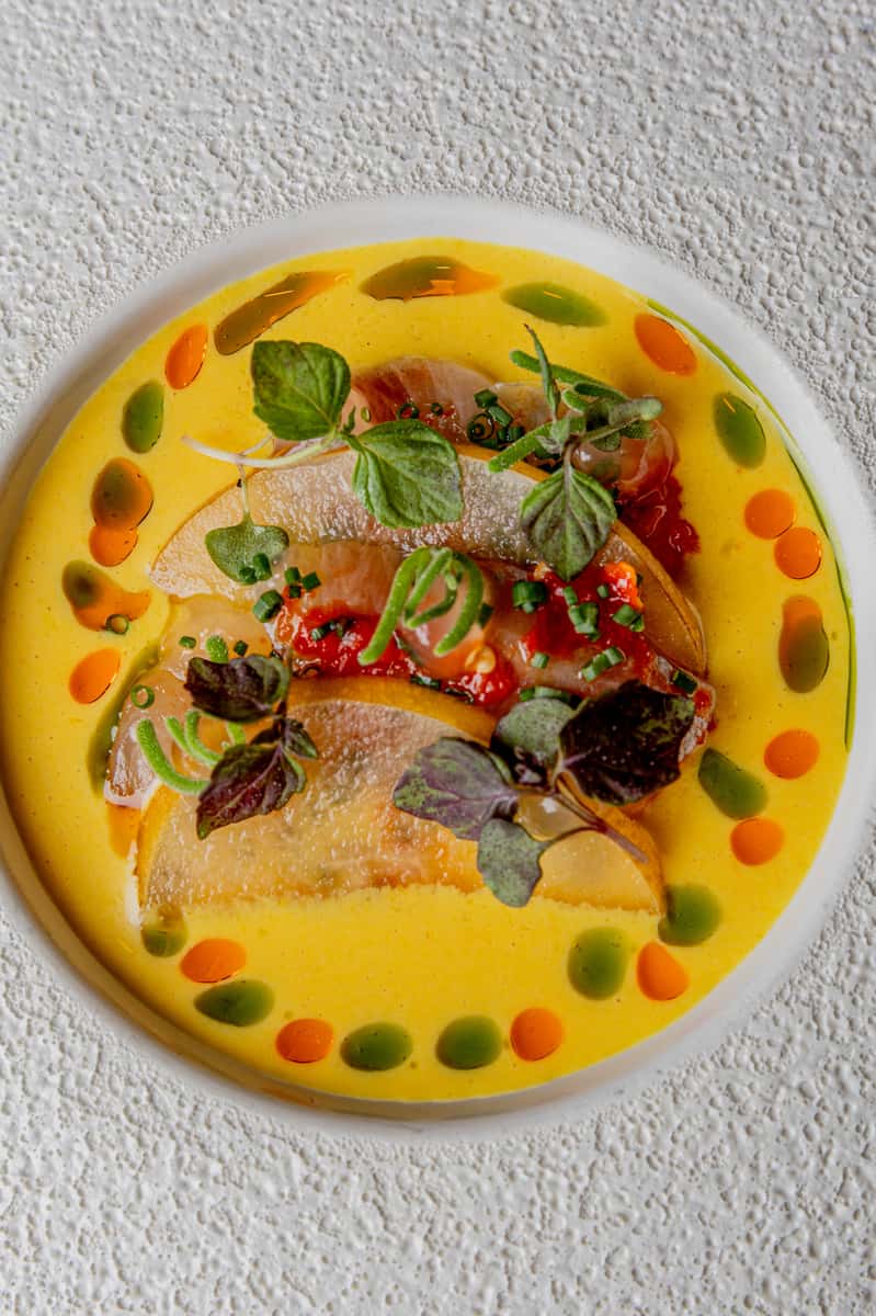 Gourmet fish dish served in yellow sauce with fresh herbs and colorful infused oils.