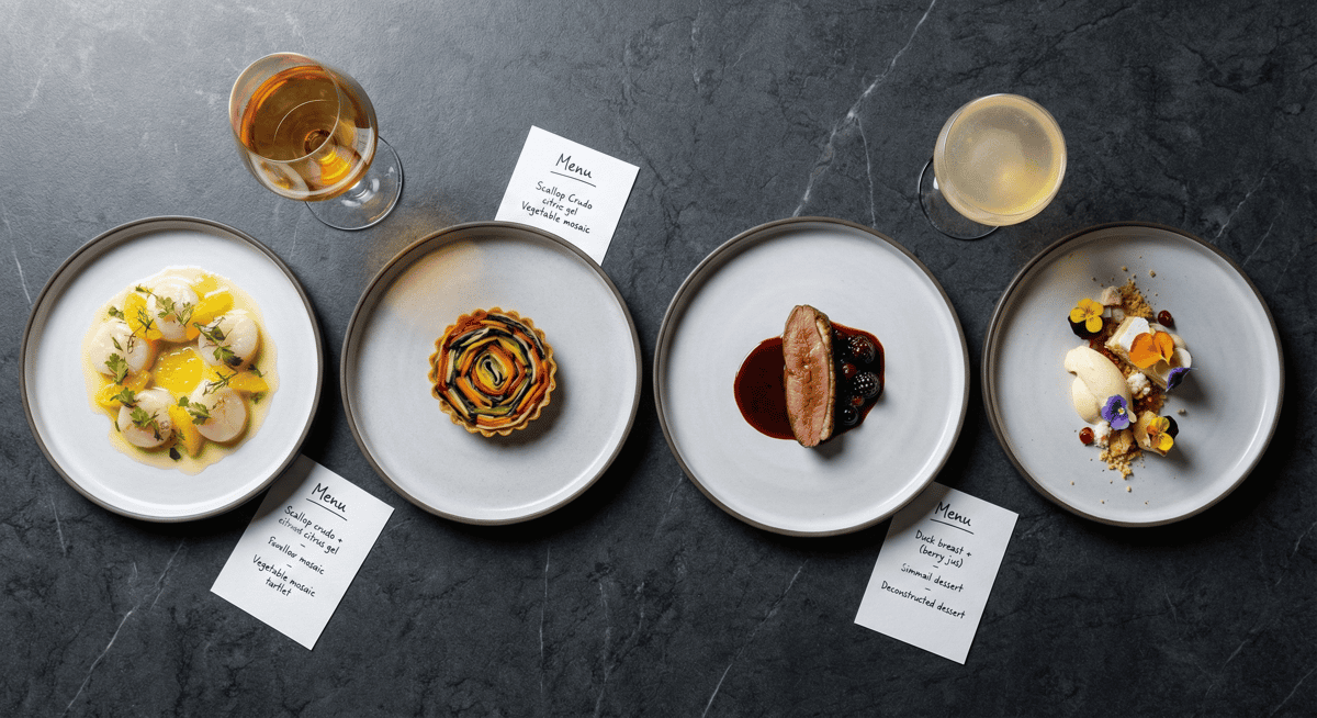 A tasting menu progression with seasonal fine-dining dishes and beverage pairings.
