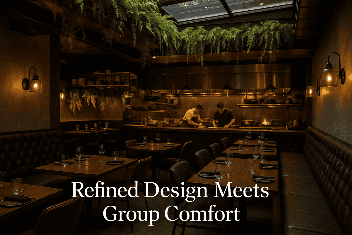 Elegant private dining room with open kitchen and retractable roof filled with greenery.